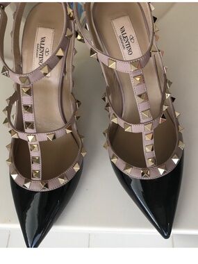 Valentino Black Patent & Nude Rockstud Pointed Slingbacks